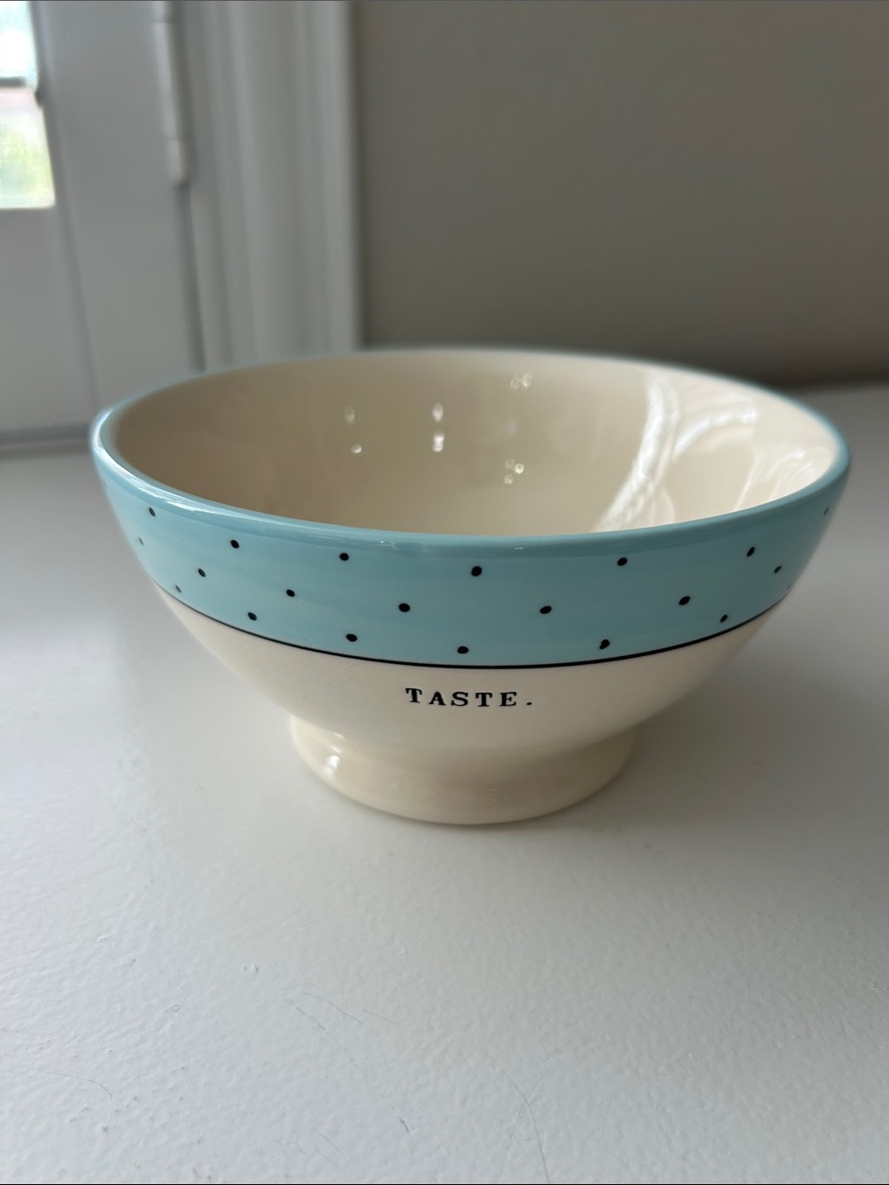 Rae Dunn Cream and Light Blue Polka Dot 'TASTE.' Ceramic Bowl